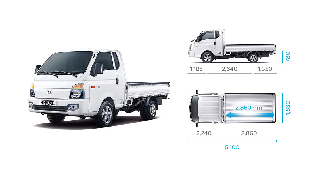 H-100's side and top view illustration with those size describing extra long wheel base super cab (low type rear deck)